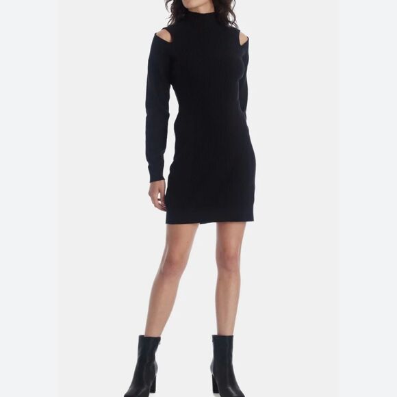 BCBGENERATION Black Cold Shoulder Mock Neck Sweater Dress Size L - Picture 1 of 4